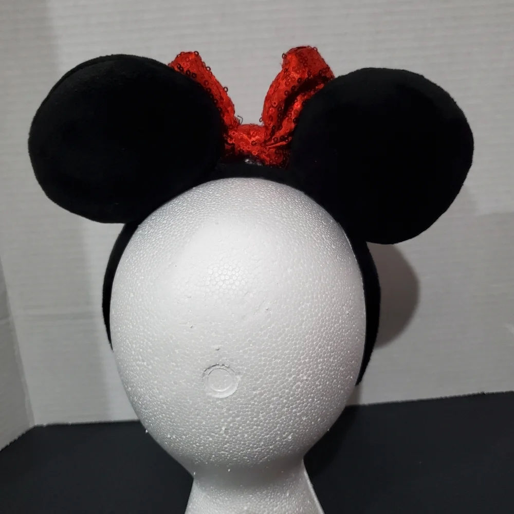 Disney Parks Minnie Mouse Black Plush Ears Red Seqin Bow Headband L👀K